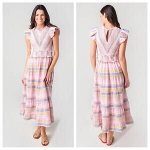 SAYLOR | Women's Alanna Dress Stripped Midi Flutter Sleeve Smocked Tiered Skirt